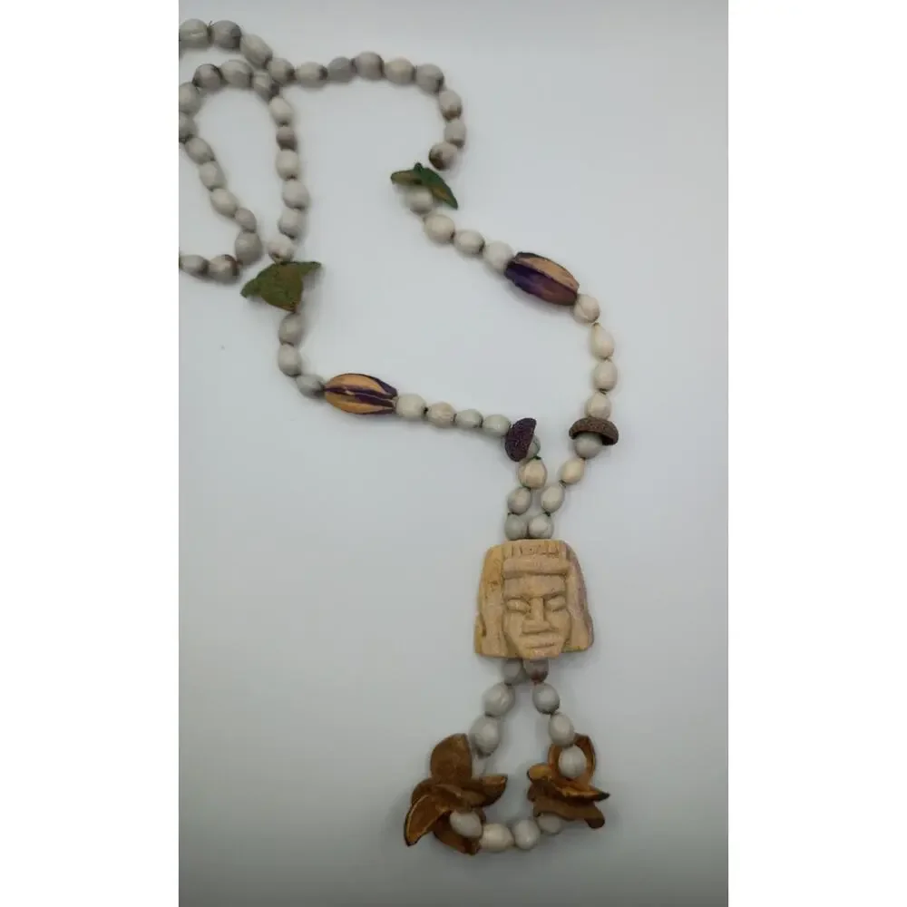Vintage Mayan Carved Stone & Seed Pod Necklace
